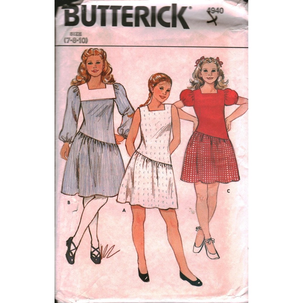 Butterick 4940 Girls Dress Sewing Pattern Size 7 Dropped Waist Puff Sleeve